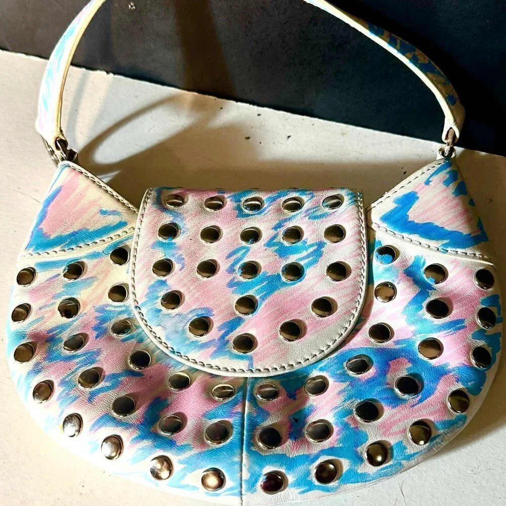 BCBG Studded Tie Dye Wristlet Bag Blue Pink Neon Club Handbag Silver Upcycle